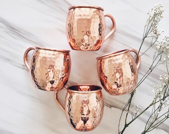 4 Moscow Mule Mugs - Copper Mugs Barrel Shape - 7th Copper Wedding Anniversary, Hostess gift, Christmas Cocktail Set, Barware,Bartender Gift