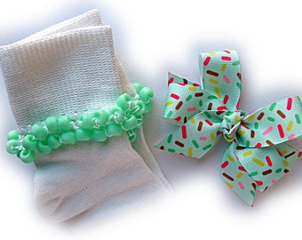Kathy's Beaded Socks - Sprinkles Socks and Hairbow, girls socks, pony bead socks, school socks, seafoam socks