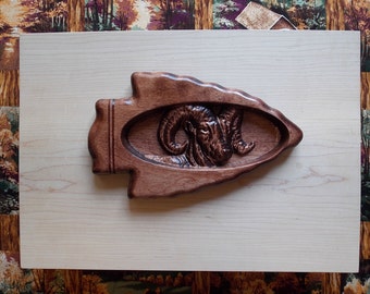 Ram Wood Carving inside Arrowhead Wall Hanging - Rustic Cabin Decor Ram- Wood Wall Decor Ram -Wood Ram - Log Cabin Art 8" x 6" x 1" Cherry