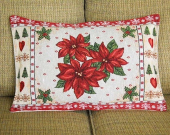 Christmas Tapestry Pillow Poinsettia Snowflakes Trees and Hearts Christmas Decor
