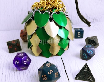 Ready To Ship - Small Green & Gold Scalemaille Dice Bag - In Stock