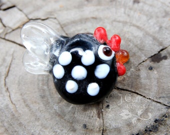 4 small black and white polka dot chicken beads - lampwork glass - jewelry and craft supplies - rooster - DIY
