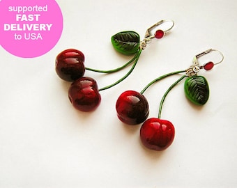 Cherry Earrings Red, cherry jewelry, bright fashion jewelry, handmade, pin-up red jewelry, cherries