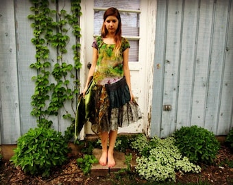 XS-Small Woodland Upcycled Silk Bohemian Gypsy Dress// Green// OOAK reconstructed// emmevielle