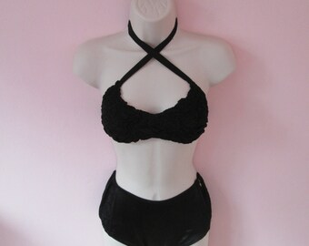 Stunning Vintage 1940s 40s Ink Black Swimsuit Bathing Suit Bikini -WWII-Homefront-Cheesecake-Bad Girl-Pinup-Bombshell-Vixen-VLV Pool Party