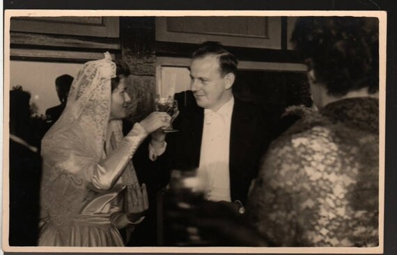 Raising a Glass + Mimi and Andries + Vintage Wedding Party Photo Postcard