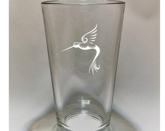 Hummingbird # 6 Drawing, Etched Pint Glass. Free shipping