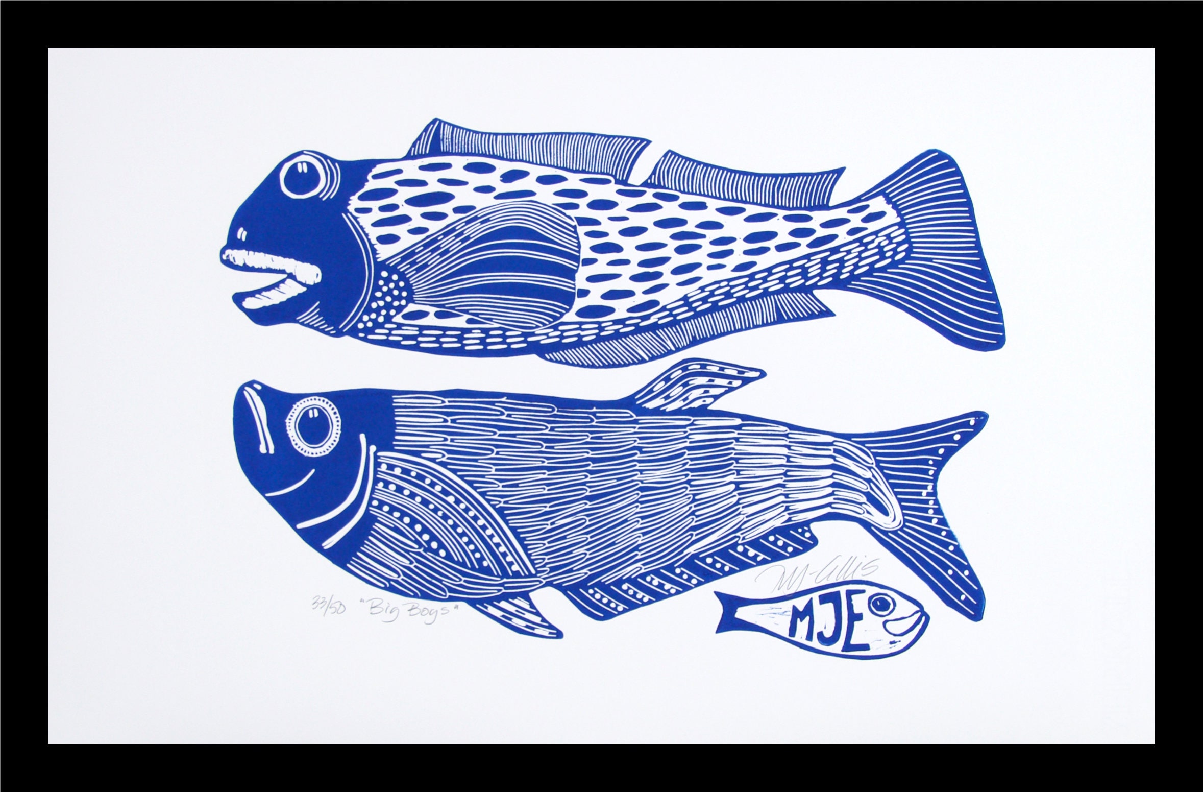 linocut Big Boys fish blue and white navy blue fishing