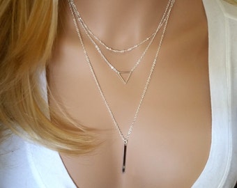 Silver Triangle Necklace, Layered Necklace Set, Bar Necklace, Layering Necklace, Minimalist Necklace, Everyday Necklace, Simple Necklace