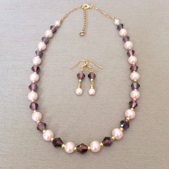 Pink Pearl Wedding Necklace Jewelry Set Bridesmaid Necklace