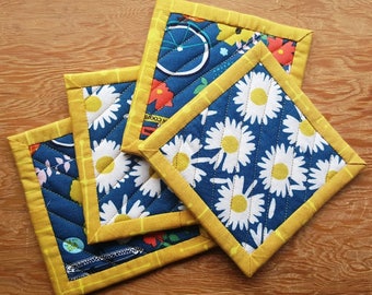 Quilted Coaster Set - Summer, Daises, Bicycles, Flowers