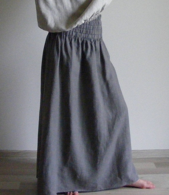 Long Linen Skirt with Side Pockets in Light Gray/ Linen Maxi