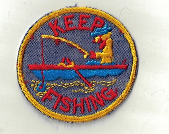 Keep Fishing Boat Man Colorful Retro 70's Vintage Sewing Patch Applique