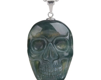 34-36mm Moss agate carved skull pendant focal bead (pendant only)