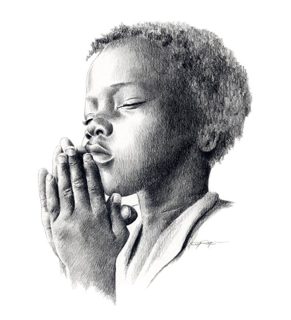 PRAYING CHILD Pencil Drawing Art Print Signed by Artist DJ