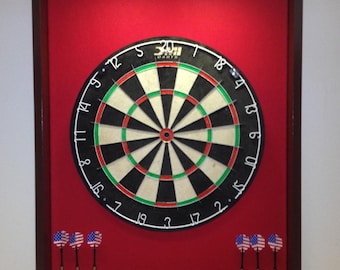 LED Lighted Red & Mahogany Colored Trim Dart Board Backboard/Surround w/DMI Staple-Free Sisal Board- For Game Room, Man Cave Gift Idea