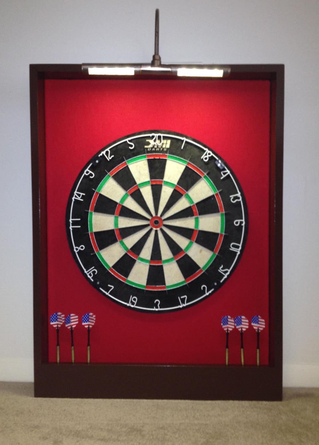 LED Lighted Red Mahogany Colored Trim Dart Board