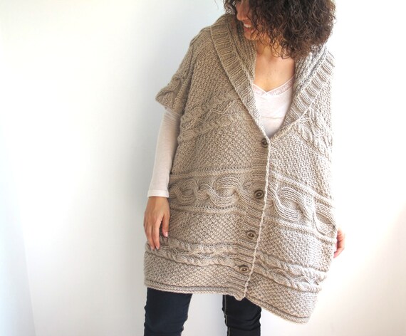 Boyfriend Cardigan Ecru Cable Knit Poncho Tunic with Hoodie