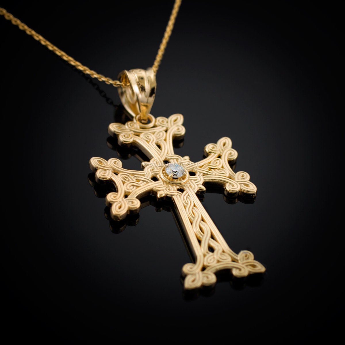 Gold Armenian Cross Diamond Solitaire Pendant Necklace 10k Zoom