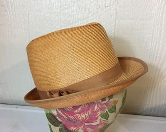 SALE Vintage 1950's Straw Fedora Hat 21" 6 3/4 XS