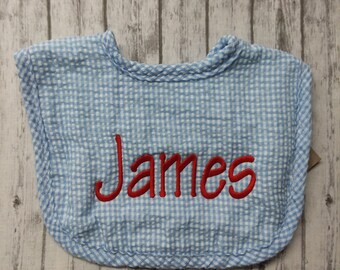 Personalized blue seersucker baby bib/personalized baby bib/monogram blue seersucker baby bib/personalized baby shower gift/boy baby bib,