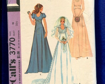 1973 McCalls 3770 Princess Seam Scoop Neck Wedding & Bridesmaid Dresses with Raised Waist Size 10