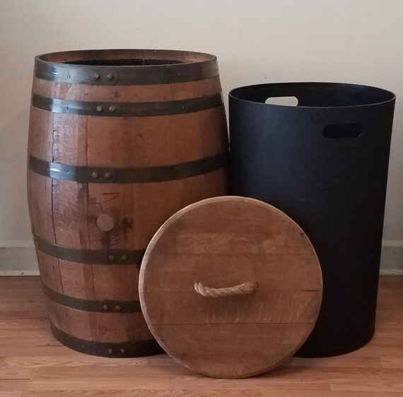 Whiskey Barrel Trash Can With Liner and Lid With Rope