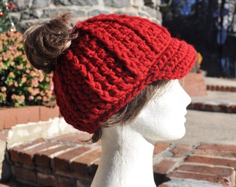 Red Ponytail Hat with Brim - Messy Bun Hat - Crochet Hat - Red Hat