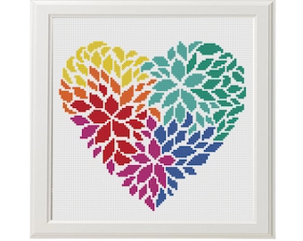 Flower heart cross stitch pattern - Love Cross Stitch Pattern - Instant Download - Love Heart Colors - gift for her - Geometric Needlepoint