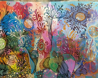 Abstract painting with alcohol inks and acrylic markers. Medidas:A4-B de 190g.32'5×23cm"Destellos marinos"