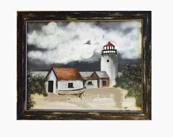 Lighthouse decor, Framed painting, Original painting, Original painting on canvas, original artwork, lighthouse, original landscape painting