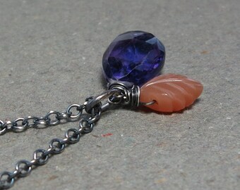 Purple Amethyst Necklace Peach Moonstone Carved Leaf Pendant Oxidized Sterling Silver Necklace