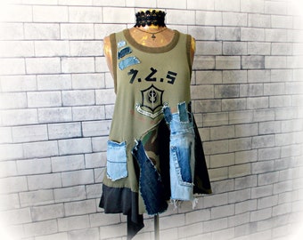 Frayed Denim Shirt Army Green Camo Reconstruct Clothes Grunge Clothing Unique Style Urban Chic Top Women Tank Eco Friendly Shirt XL 'BELINDA