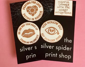 Collection of Four Emo Pins Hard Enamel Lapel Pin - 1.25" emo lyrics, lips white Rose Gold