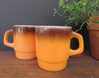 Orange Fire King Mugs Vintage Coffee Mugs Set of 2