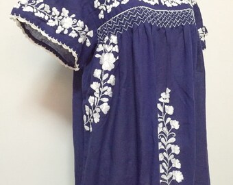 Mexican Embroidered Blouse Cotton Top In Blue, Boho Blouse, Hippie Top. Peasant Blouse, Oaxacan Top