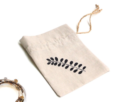 Linen fabric gift bag drawstring pouch leaf motif Happy