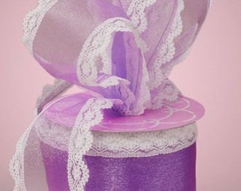 2 1/2 inch wide Lindy Lace Sheer Ribbon lavender 1 yard and 7 inch cut