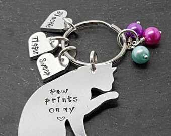 Cat keyring, hand stamped with any wording. Can be personalised with names