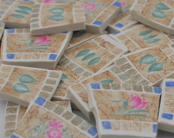 35 Broken Plate Mosaic Tiles - Floral - Pink Flowers and Leaves -