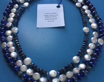 Triple Strand Lapis and Button Pearl Necklace "Lapis in Water"