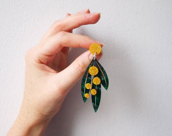 Golden Wattle Dangly Earrings in Swirly Green and Glittery Yellow Acrylic