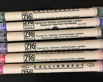 ZIG Calligraphy Pens, used, duel ends, fine and broad tips, pigment ink, set of 6 pens, red, green, blue, black, pink, purple