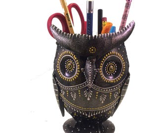 Owl Pencil Holder Cup – Hand Painted Metal Owl - Art Decor – Unique Desk Accessory – Pen Organizer