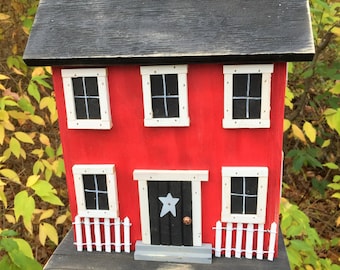 Handmade Folk Art Rustic Country PrimitiveBirdhouse, Saltbox Home Decor Garden Red Birdhouse, Functional