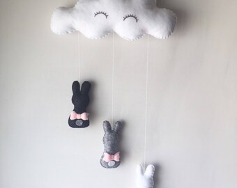 Wall hanging / baby mobile / cloud mobile / rabbits / cloud /.