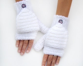 White Mittens, Convertible Fingerless Mittens, White Gloves, Fingerless Gloves, Convertible Gloves, Crochet Mittens, Women's Gloves
