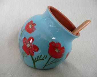 Salt pig. Salt cellar. Salt piglet with wooden spoon