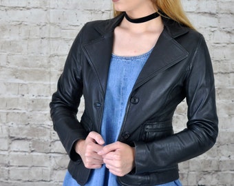 1980s Vintage Black Leather Blazer / Biker Jacket