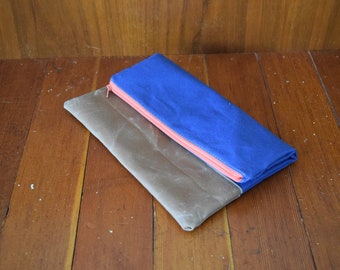 Navy Canvas & Brown Waxed Canvas Foldover Clutch / Pink Zipper / Minimalist Clutch
